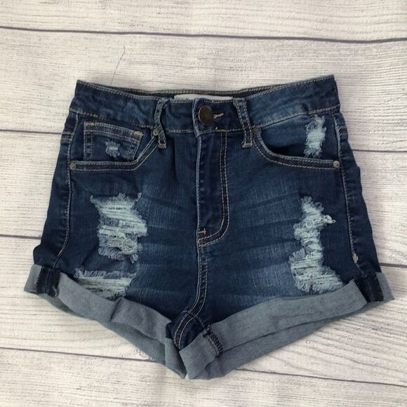 RSQ Sunset High Rise Med Wash Ripped Denim Shorts Size 1 - Picture 2 of 7